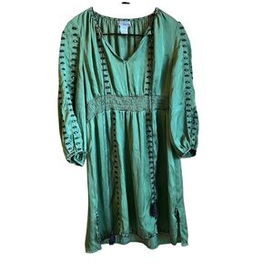 OPHELIA Bohemian Silk Like Polyester Lightweight Sm/Med Embroidery Green Dress